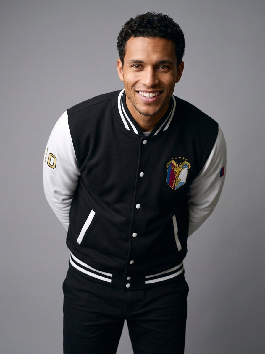 GOAT // Fusión Letterman Jacket in Jet Black/Arctic White — street-style lifestyle shot