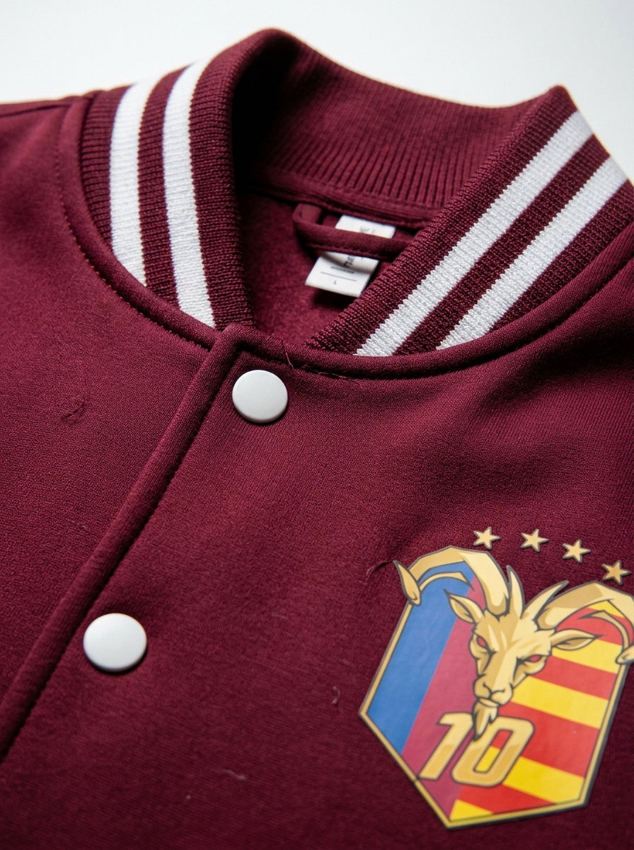 Close-up of the snap buttons and ribbed trim on the GOAT // Catalan Letterman Jacket in burgundy.