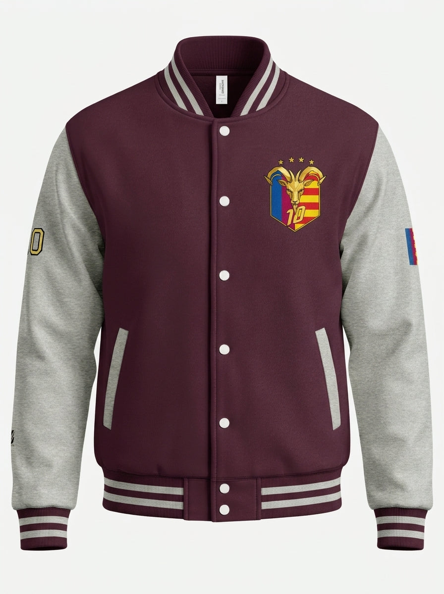 GOAT // Catalan Letterman Jacket in burgundy, ghost-mannequin front — varsity silhouette.
