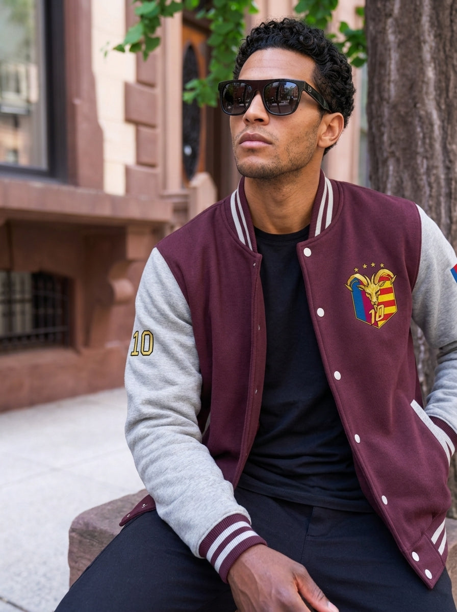Model wearing the GOAT // Catalan Letterman Jacket in burgundy, editorial lifestyle shot.