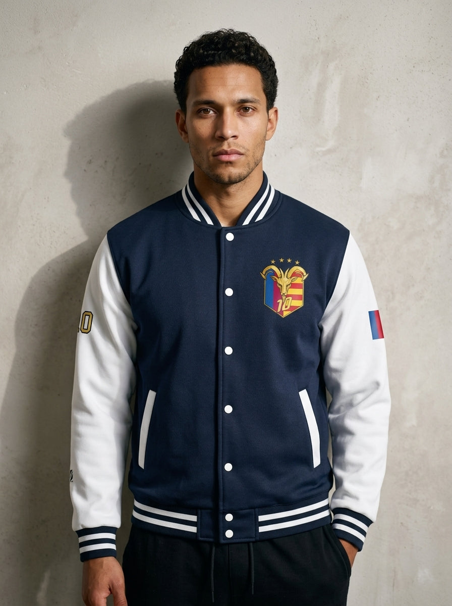 GOAT // Catalan Letterman Jacket in oxford navy and arctic white, front view — gold Senyera crest on the left chest.