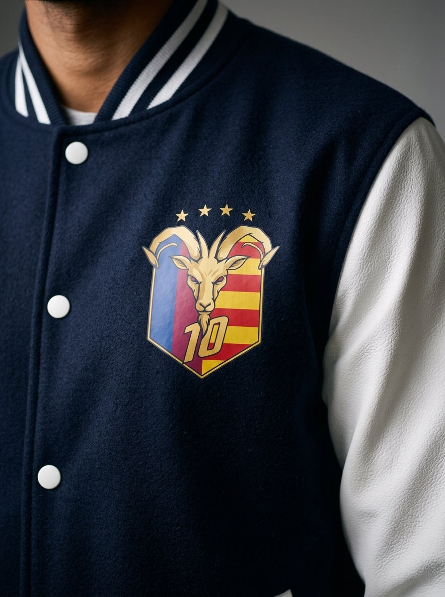 Close-up of the snap buttons and ribbed trim on the GOAT // Catalan Letterman Jacket in oxford navy.