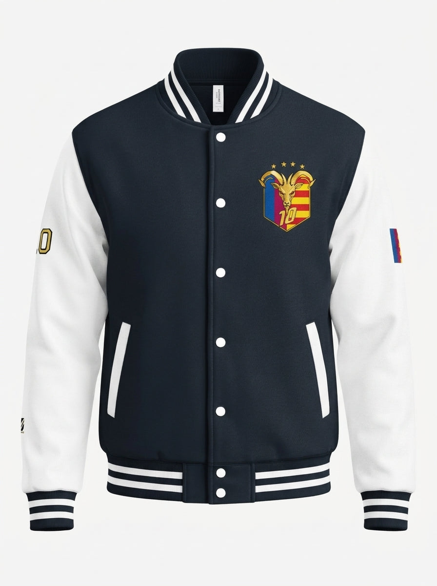 GOAT // Catalan Letterman Jacket in oxford navy, ghost-mannequin front — varsity silhouette.