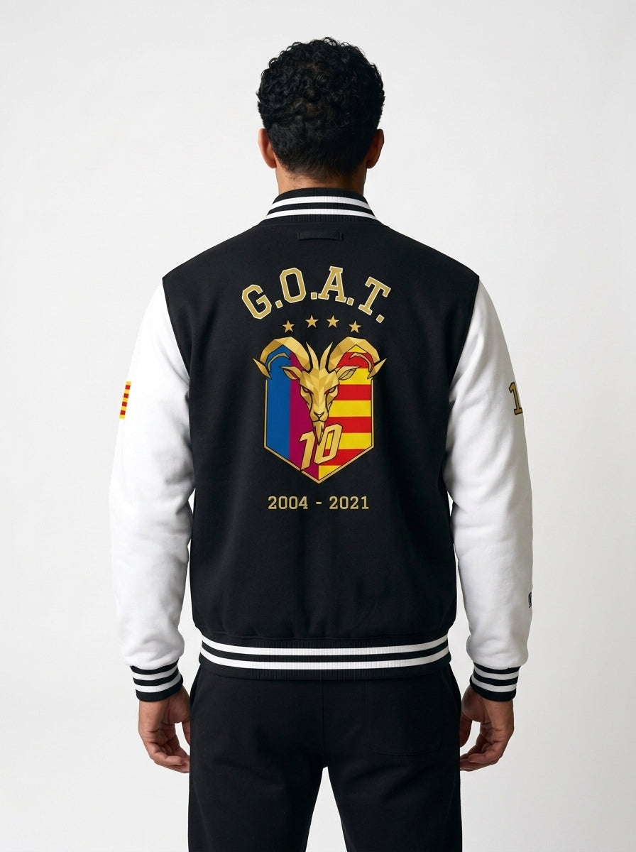 GOAT // Catalan Letterman Jacket in jet black, back view — arched G.O.A.T. over the full-colour Catalan crest.