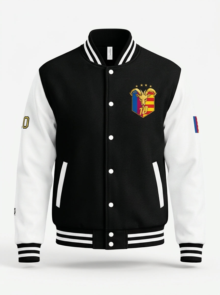 GOAT // Catalan Letterman Jacket in jet black, ghost-mannequin front — varsity silhouette.