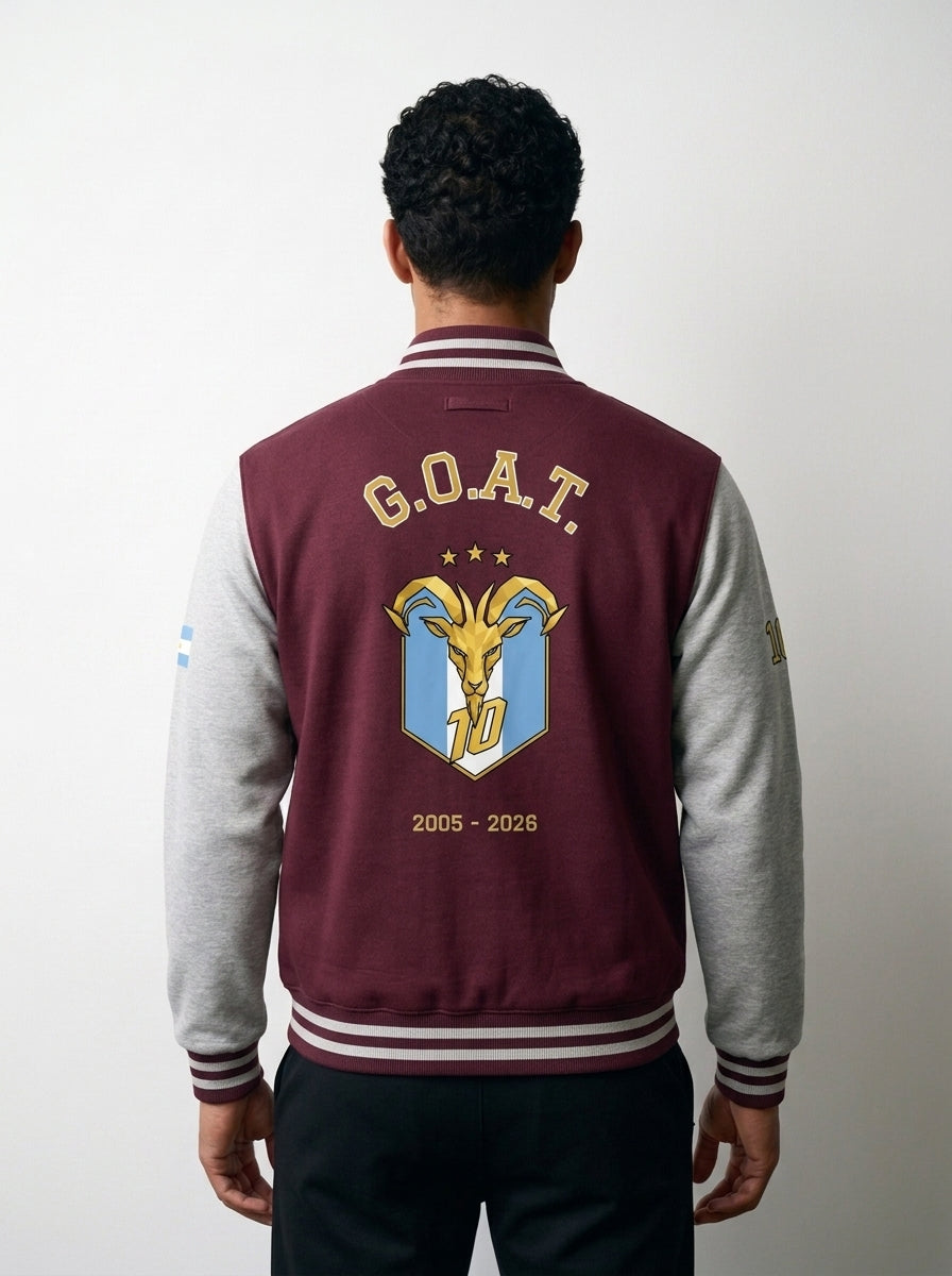 GOAT // Celeste Letterman Jacket in Burgundy / Heather Grey, back — arched G.O.A.T. over the Celeste crest, 2005–2026.