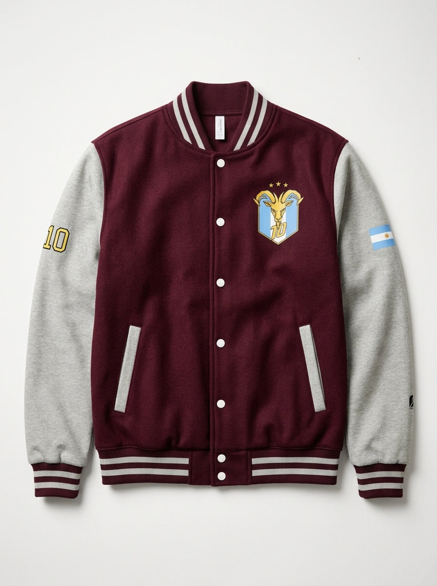 GOAT // Celeste Letterman Jacket in Burgundy / Heather Grey, flat lay — full silhouette with contrast sleeves.