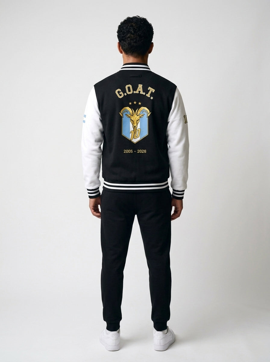 GOAT // Celeste Letterman Jacket in Jet Black / Arctic White, back — arched G.O.A.T. over the Celeste crest.