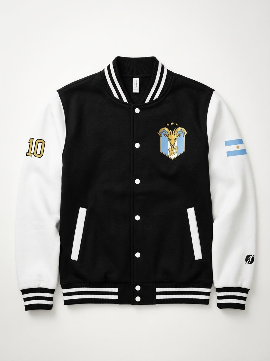 GOAT // Celeste Letterman Jacket in Jet Black / Arctic White, flat lay — full silhouette.