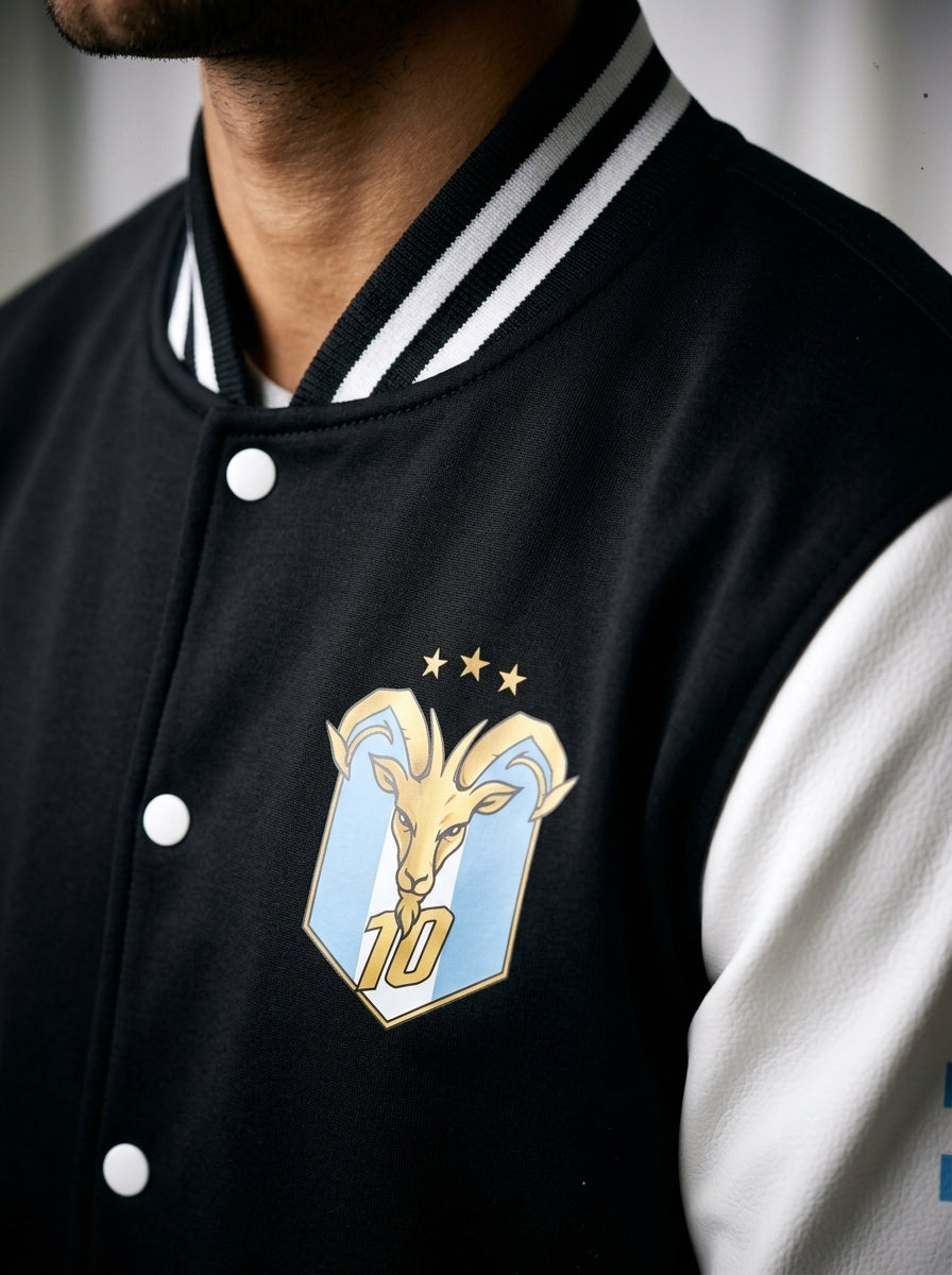 Close-up of the snap-button front and ribbed knit trim on the GOAT // Celeste Letterman Jacket, Jet Black / Arctic White.