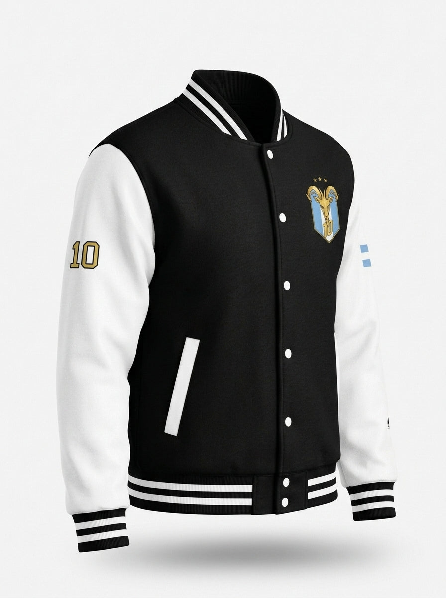 GOAT // Celeste Letterman Jacket in Jet Black / Arctic White, ghost-mannequin three-quarter left.