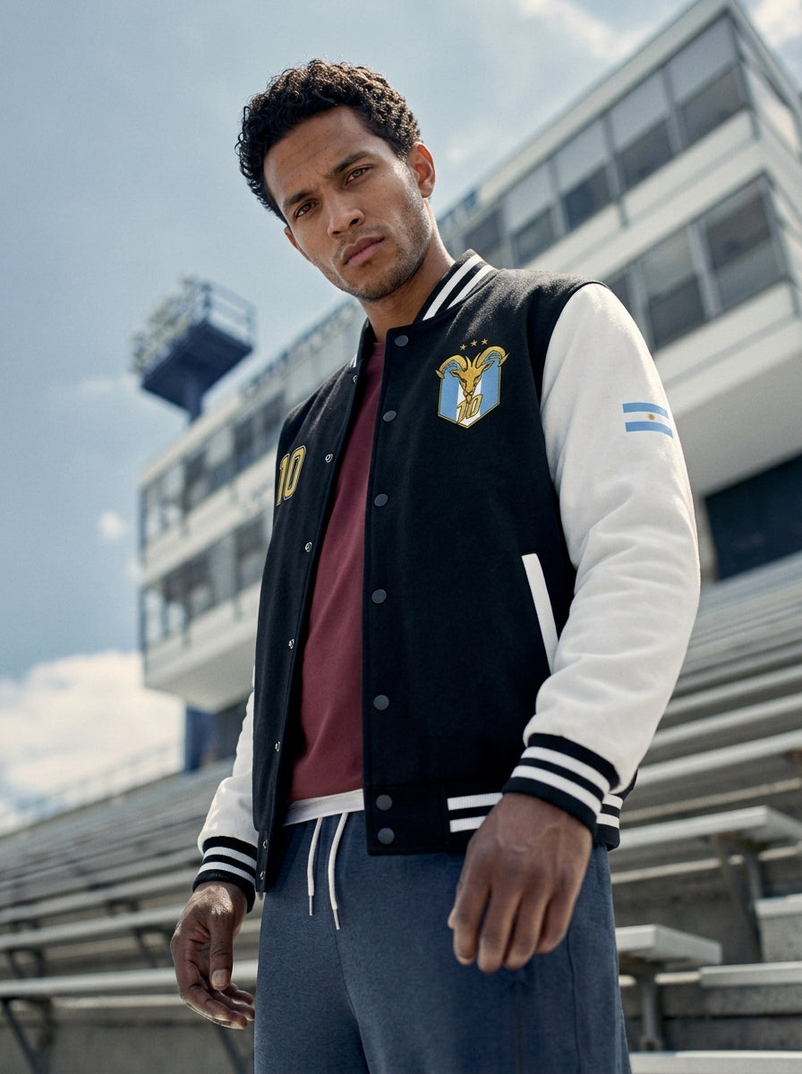Lifestyle shot — GOAT // Celeste Letterman Jacket in Jet Black / Arctic White, worn.