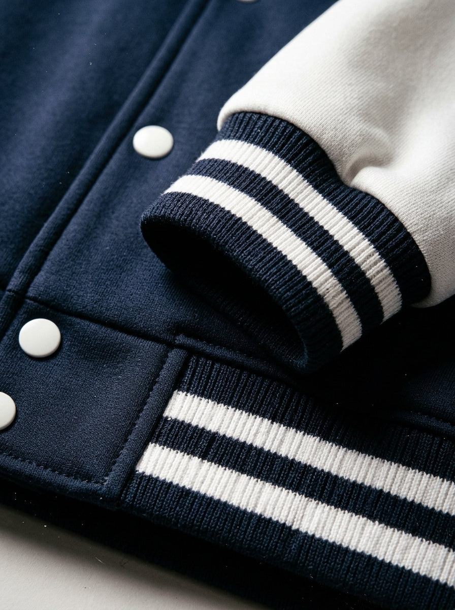 Close-up of the snap-button front and ribbed knit trim on the GOAT // Celeste Letterman Jacket, Oxford Navy / Arctic White.