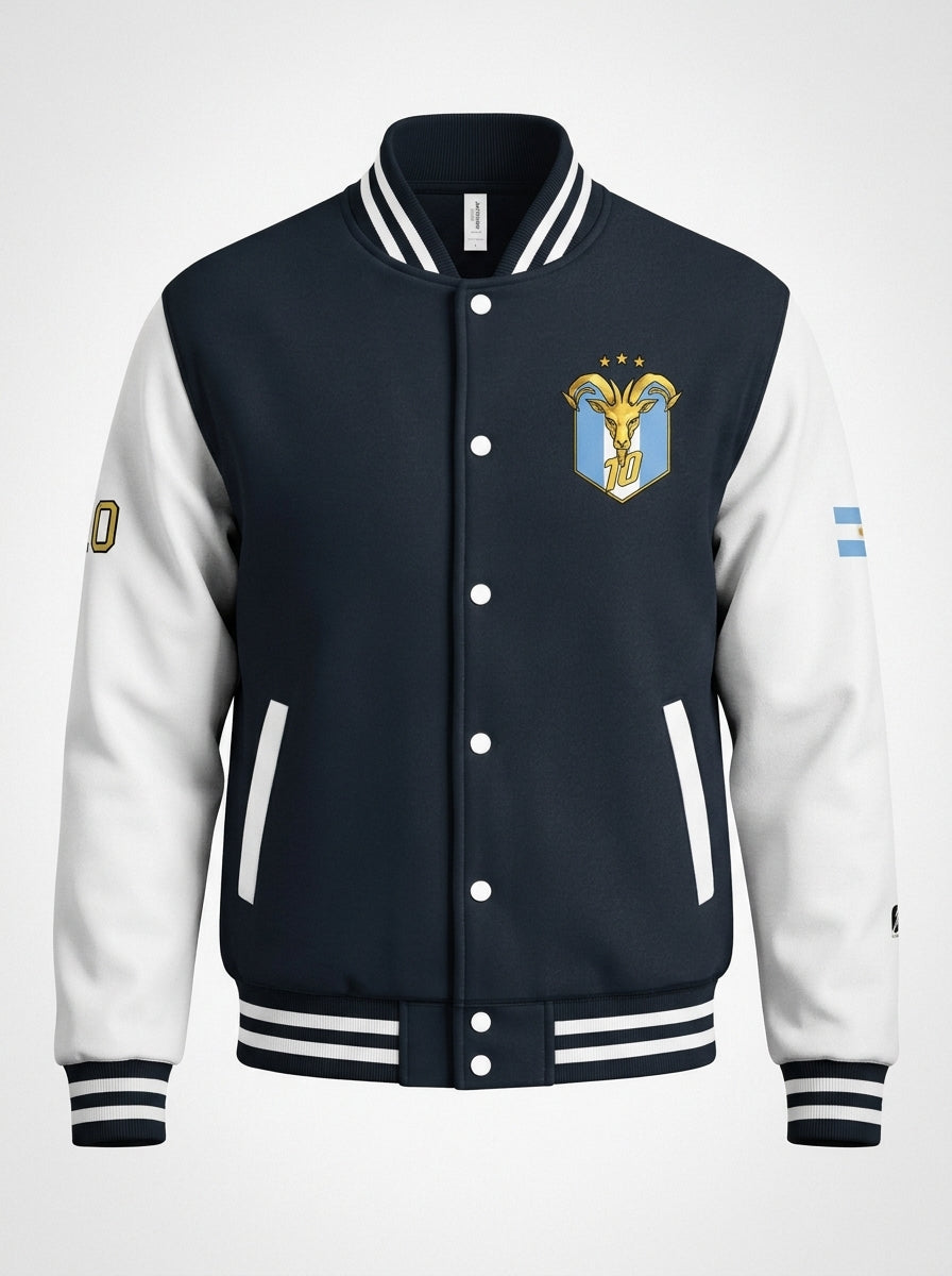 GOAT // Celeste Letterman Jacket in Oxford Navy / Arctic White, ghost-mannequin front.