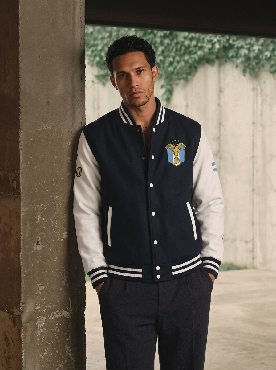 Lifestyle shot — GOAT // Celeste Letterman Jacket in Oxford Navy / Arctic White, worn.