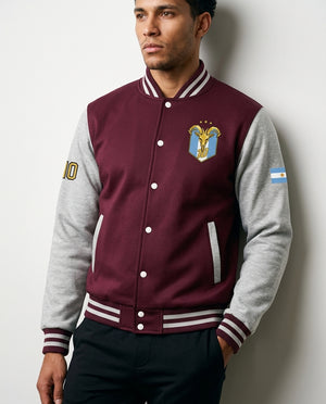 GOAT // Celeste Letterman Jacket in Burgundy / Heather Grey, front — full-colour Albiceleste crest on the chest.