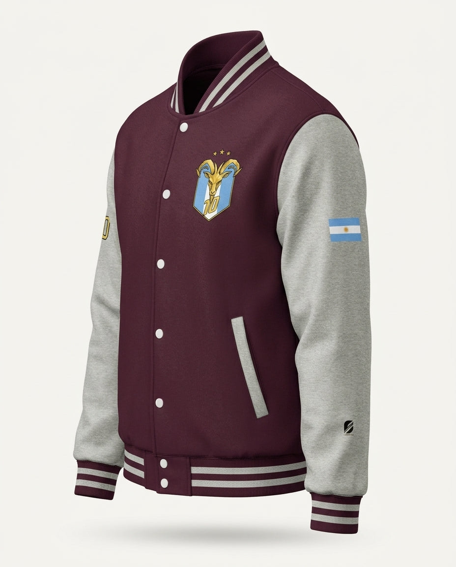 GOAT // Celeste Letterman Jacket in Burgundy / Heather Grey, ghost-mannequin three-quarter left.
