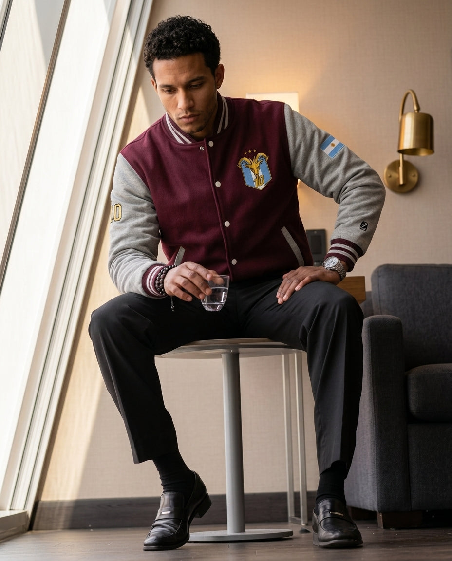 Lifestyle shot — GOAT // Celeste Letterman Jacket in Burgundy / Heather Grey, worn.