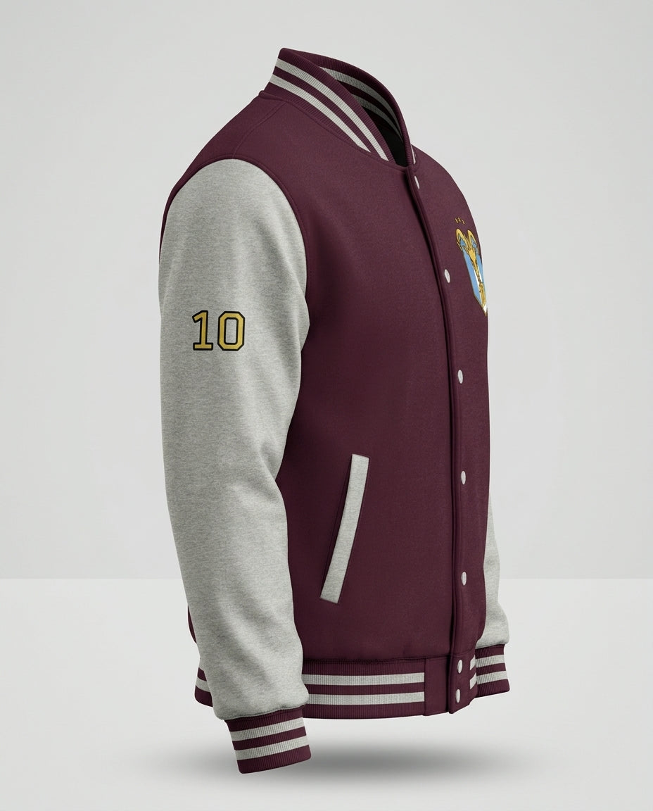 GOAT // Celeste Letterman Jacket in Burgundy / Heather Grey, ghost-mannequin three-quarter right.