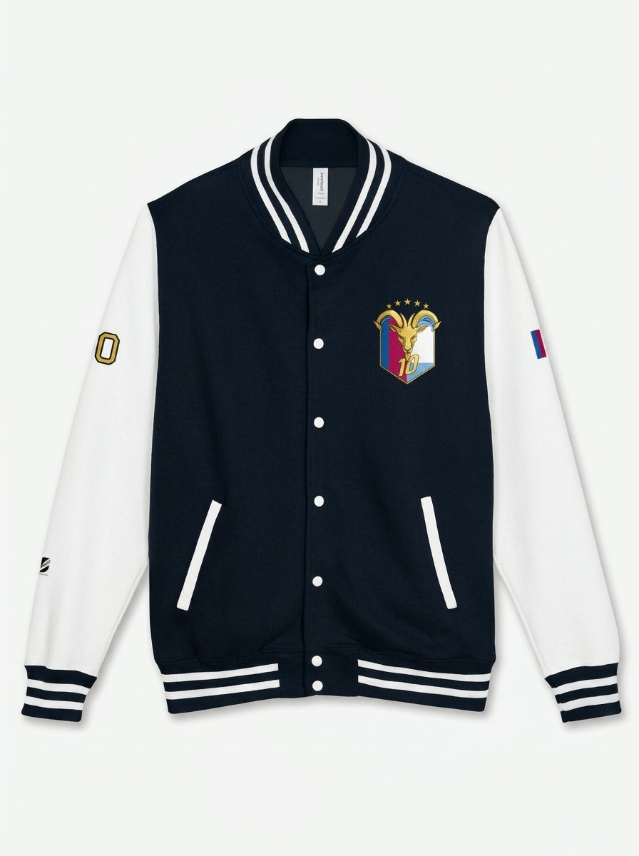 GOAT // Fusión Letterman Jacket in Oxford Navy/Arctic White, clean flat lay showing the full varsity silhouette