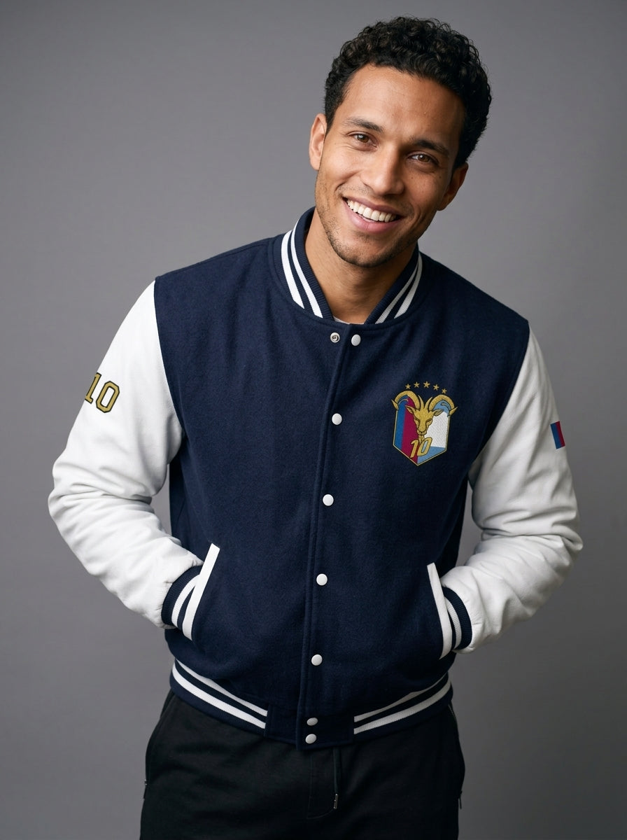 GOAT // Fusión Letterman Jacket in Oxford Navy/Arctic White — street-style lifestyle shot