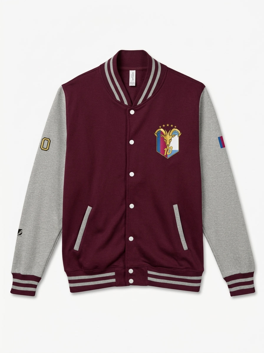 GOAT // Fusión Letterman Jacket in Burgundy/Heather Grey, clean flat lay showing the full varsity silhouette