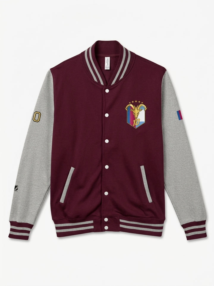 GOAT // Fusión Letterman Jacket in Burgundy/Heather Grey, clean flat lay showing the full varsity silhouette