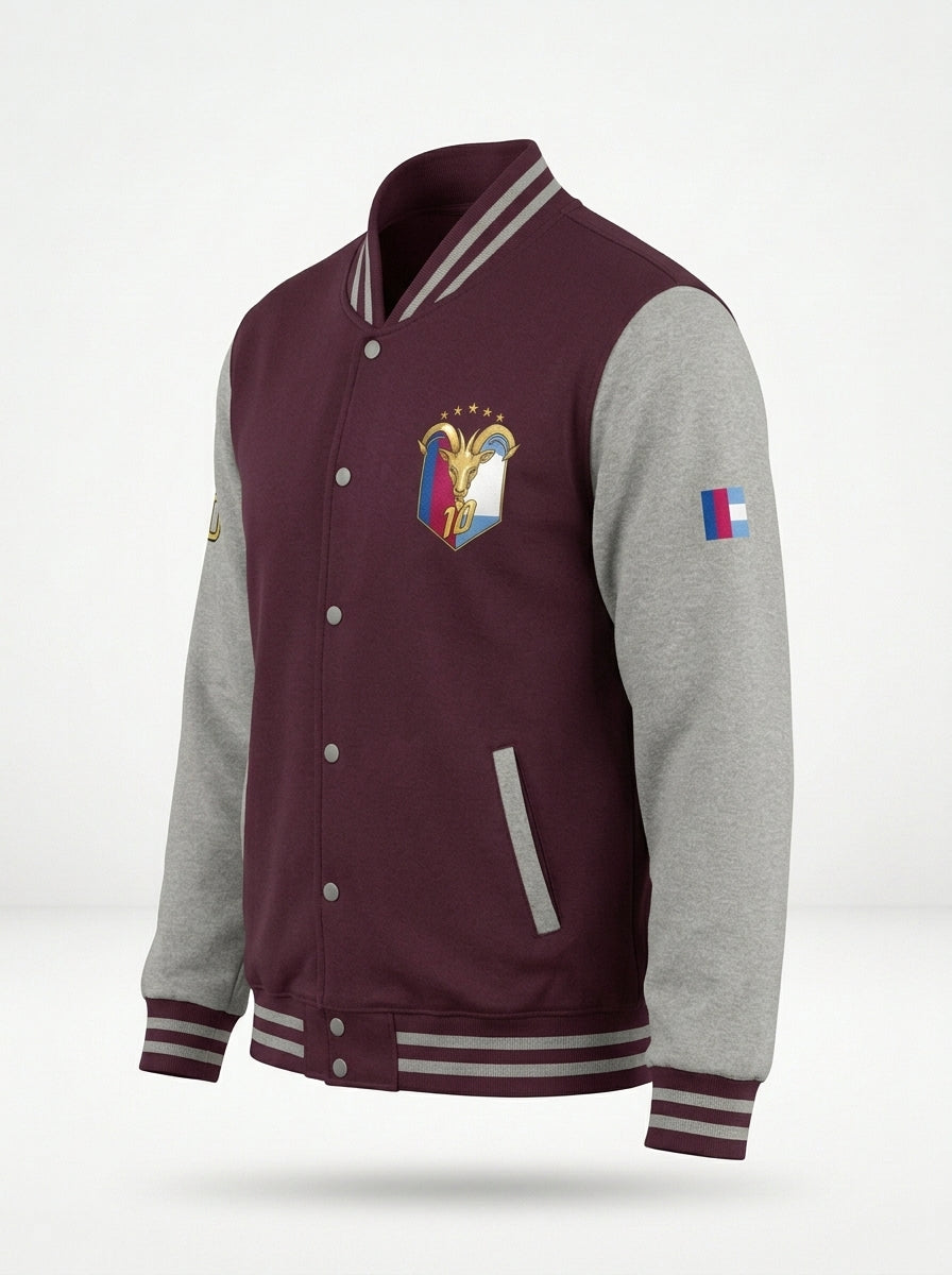 Ghost-mannequin three-quarter left of the GOAT // Fusión Letterman Jacket in Burgundy/Heather Grey