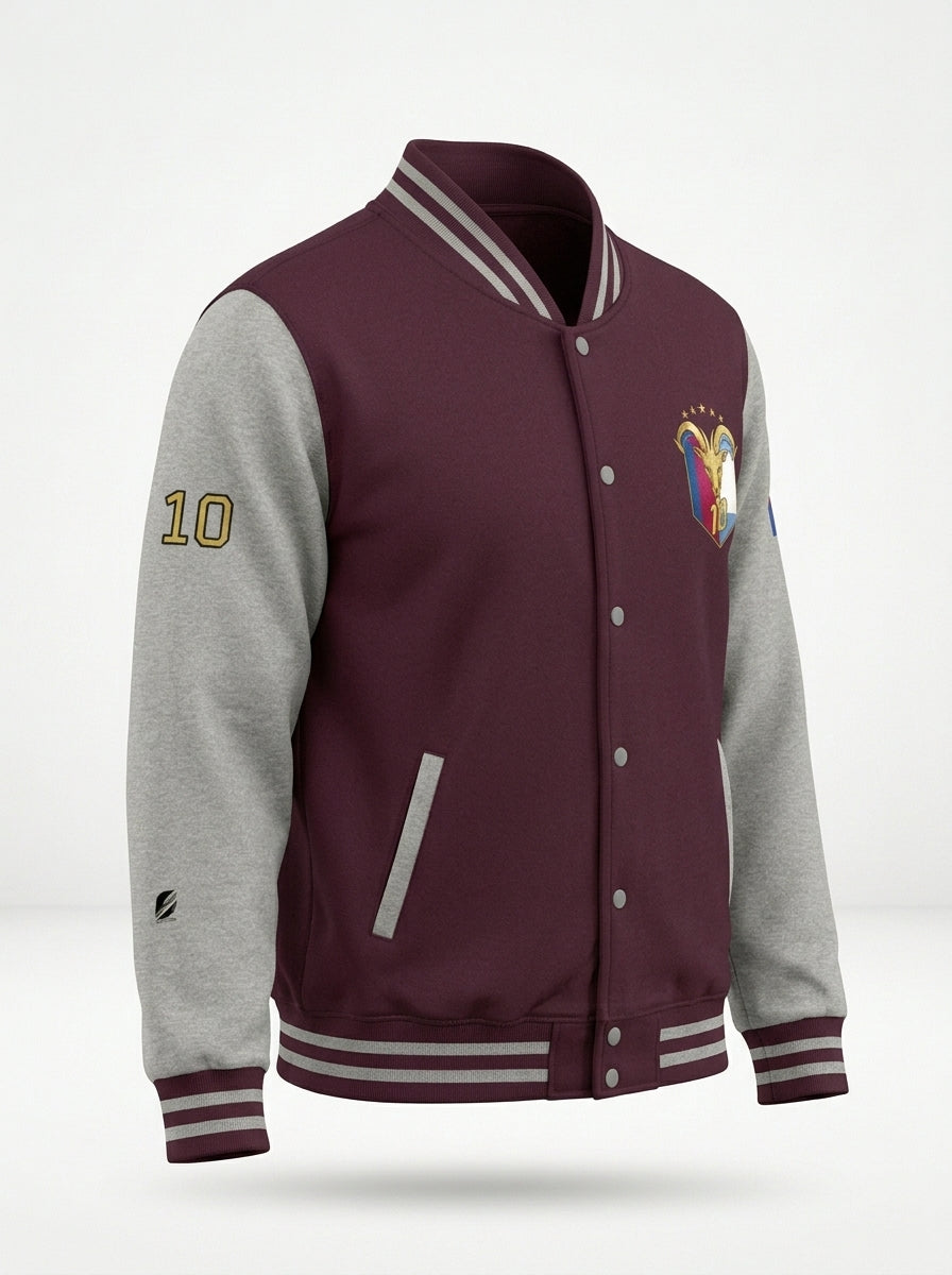 Ghost-mannequin three-quarter right of the GOAT // Fusión Letterman Jacket in Burgundy/Heather Grey