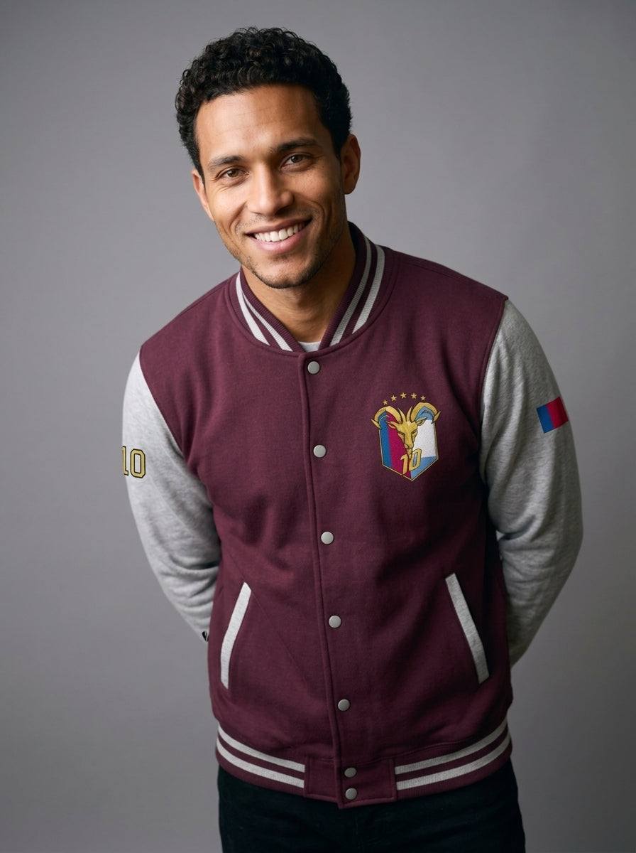 GOAT // Fusión Letterman Jacket in Burgundy/Heather Grey — street-style lifestyle shot