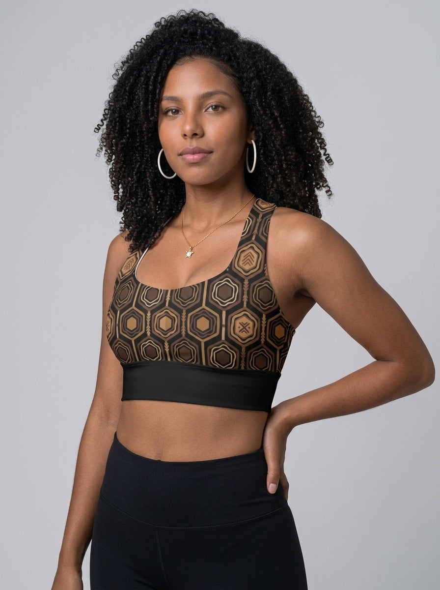 AnanseNova™ Longline Sports Bra in Oji Black, studio front view — SunBorn