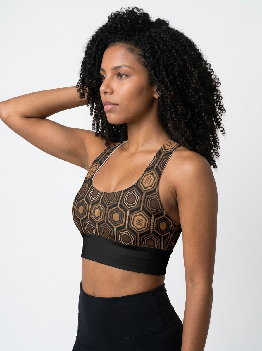 AnanseNova™ Longline Sports Bra in Oji Black, three-quarter angle left — SunBorn