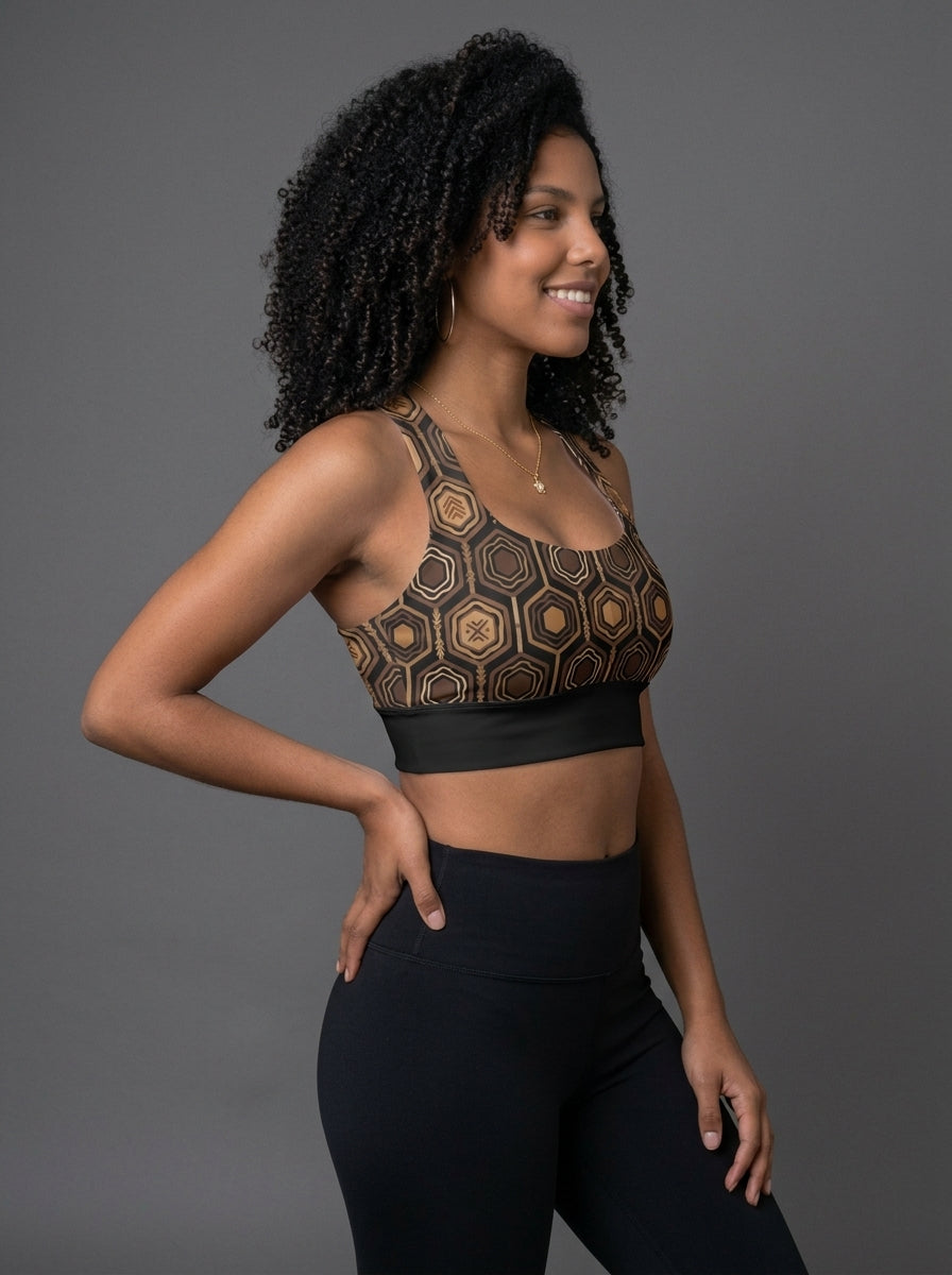 AnanseNova™ Longline Sports Bra in Oji Black, three-quarter angle right — SunBorn