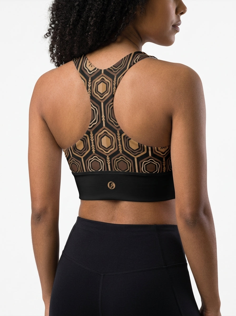 AnanseNova™ Longline Sports Bra in Oji Black, rear detail check — SunBorn