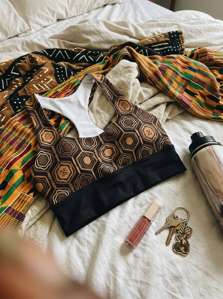AnanseNova™ Longline Sports Bra in Oji Black, styled flat lay — SunBorn