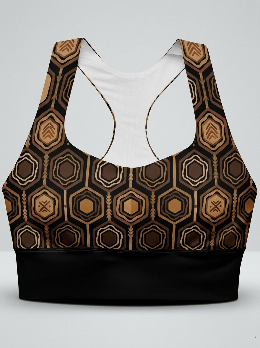 AnanseNova™ Longline Sports Bra in Oji Black, ghost mannequin front view — SunBorn