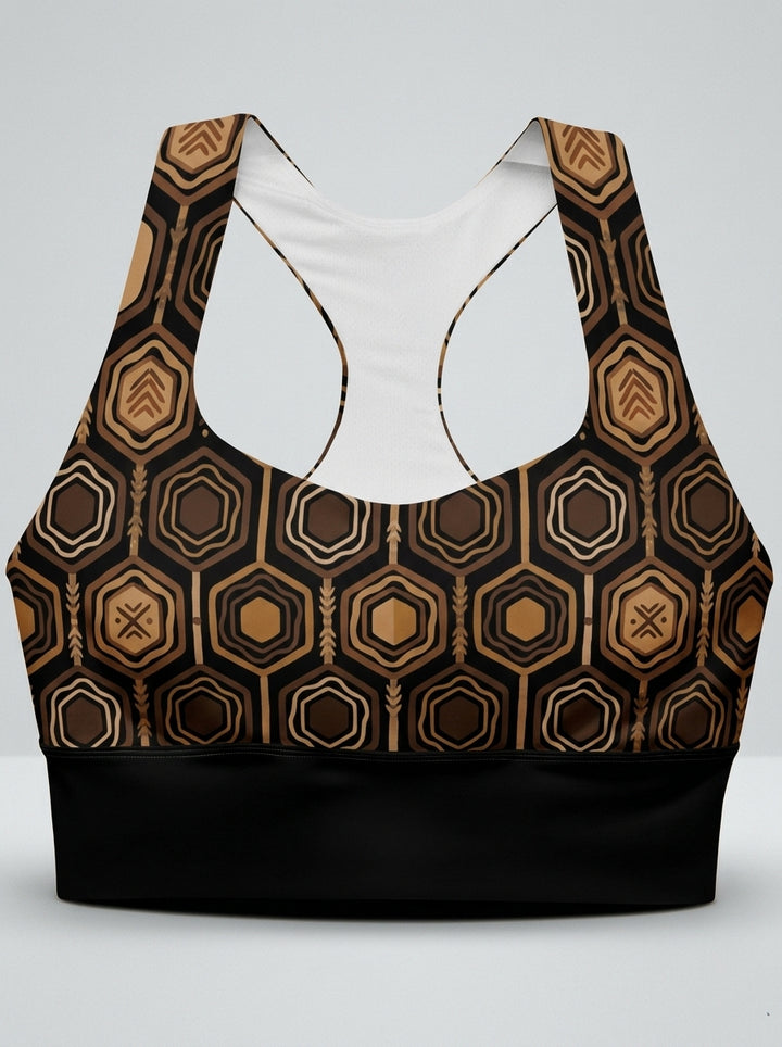 AnanseNova™ Longline Sports Bra in Oji Black, ghost mannequin front view — SunBorn