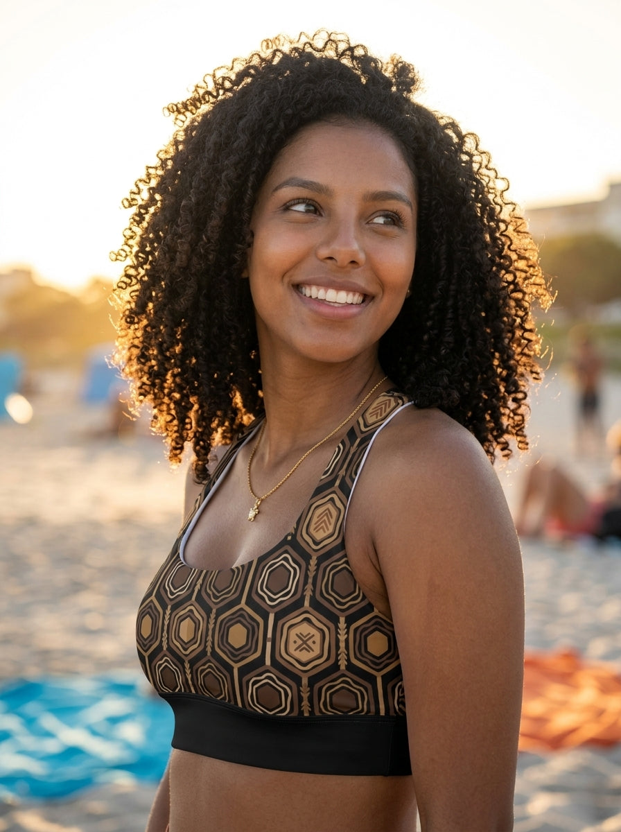 AnanseNova™ Longline Sports Bra in Oji Black, lifestyle candid shot — SunBorn