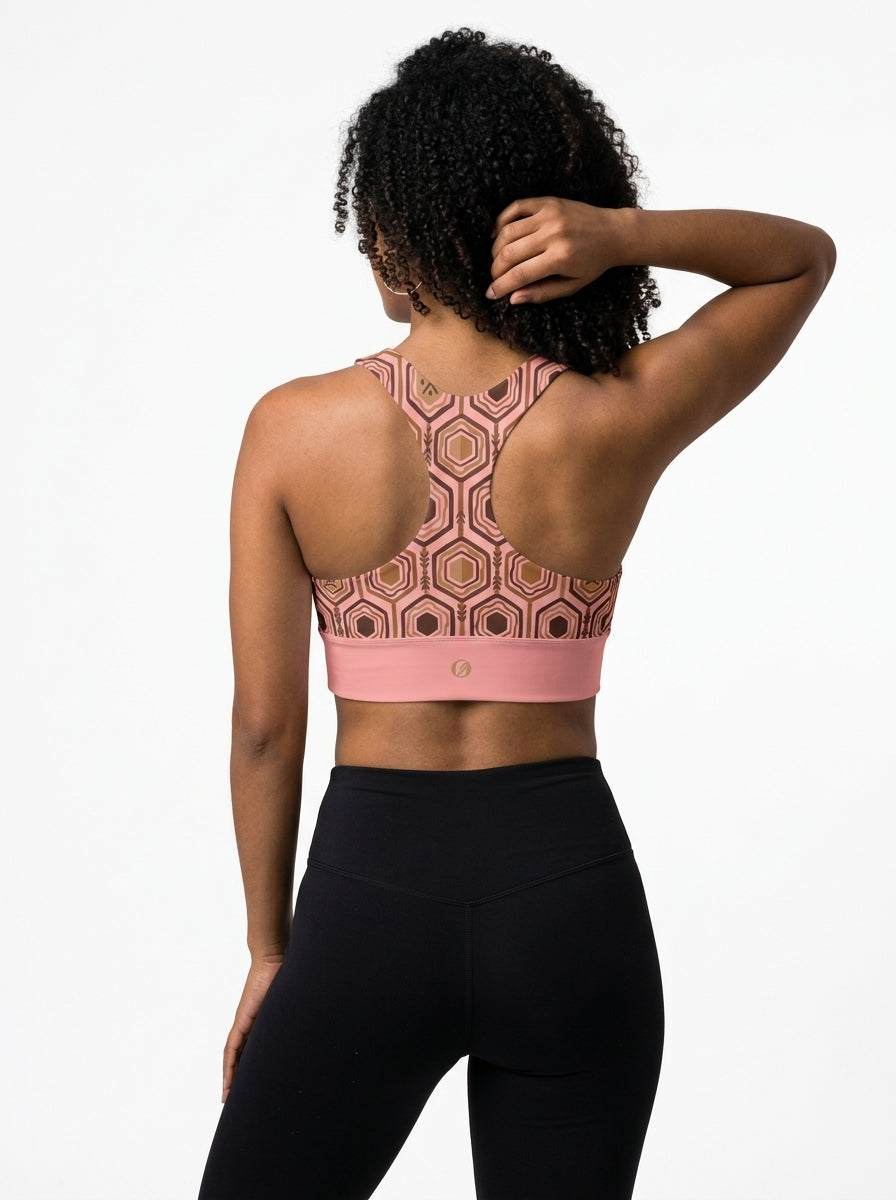 AnanseNova™ Longline Sports Bra in Adaeze Pink, back view — SunBorn