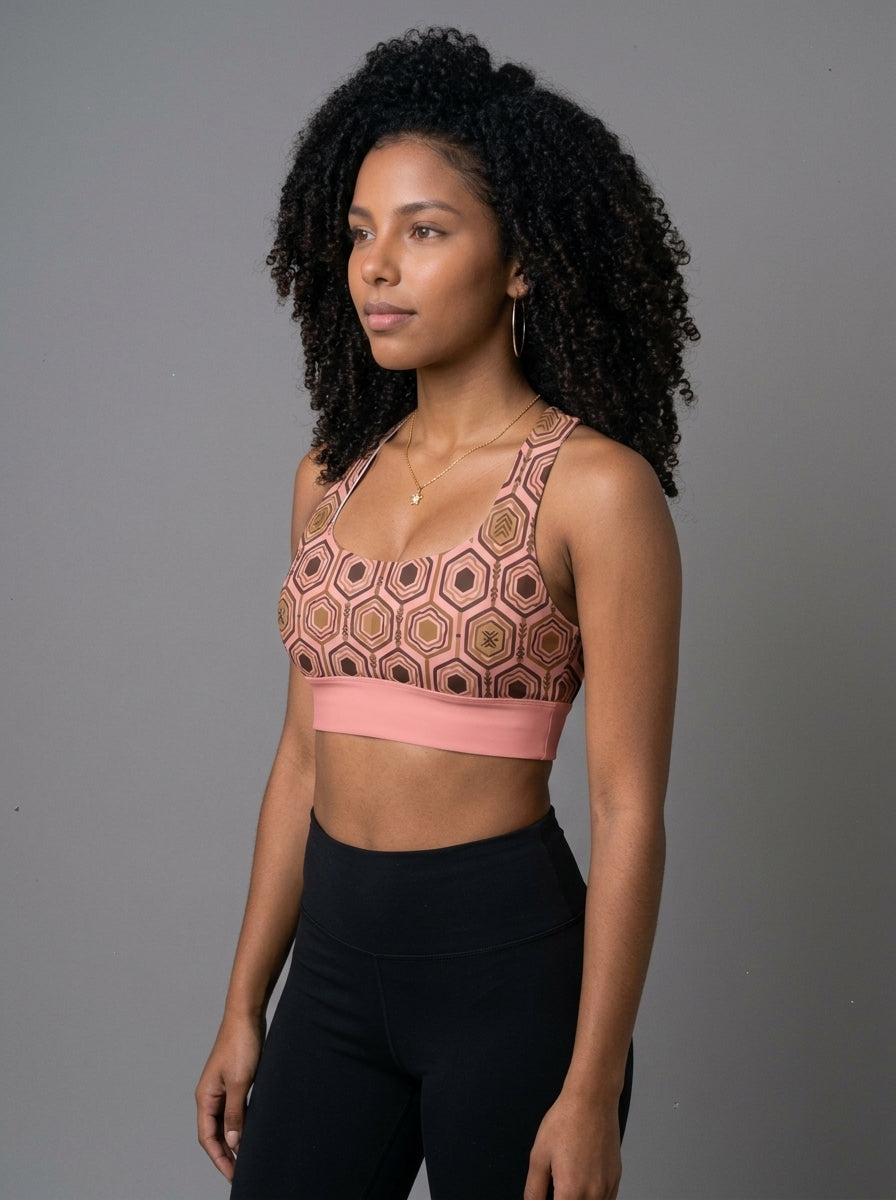 AnanseNova™ Longline Sports Bra in Adaeze Pink, three-quarter angle left — SunBorn