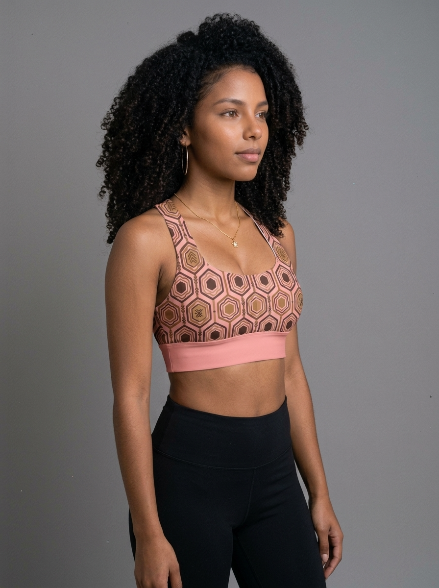 AnanseNova™ Longline Sports Bra in Adaeze Pink, three-quarter angle right — SunBorn