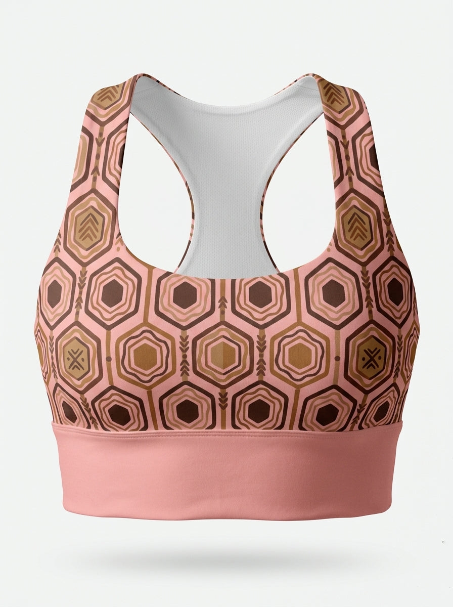AnanseNova™ Longline Sports Bra in Adaeze Pink, ghost mannequin front view — SunBorn