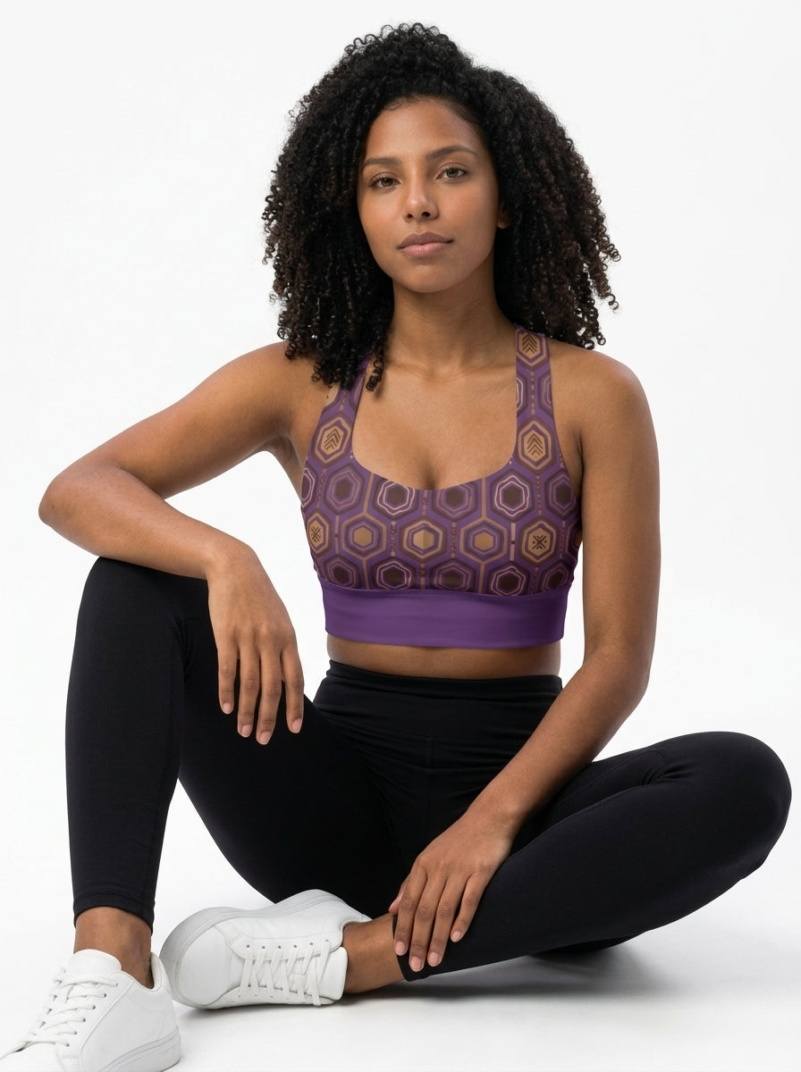 AnanseNova™ Longline Sports Bra in Ugo Purple, studio front view — SunBorn