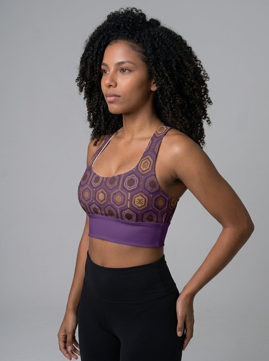AnanseNova™ Longline Sports Bra in Ugo Purple, three-quarter angle left — SunBorn
