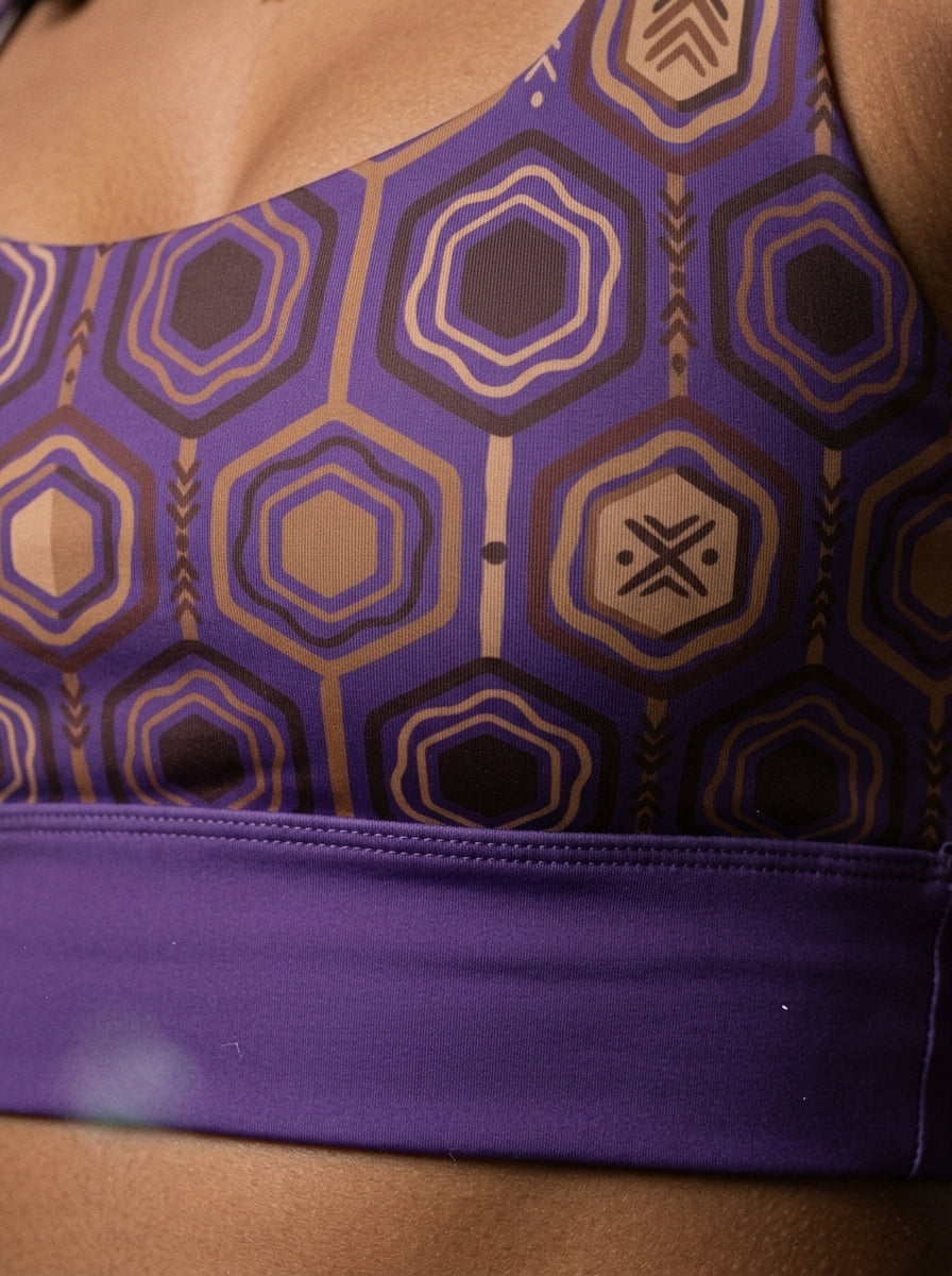 AnanseNova™ Longline Sports Bra in Ugo Purple, macro seam detail — SunBorn