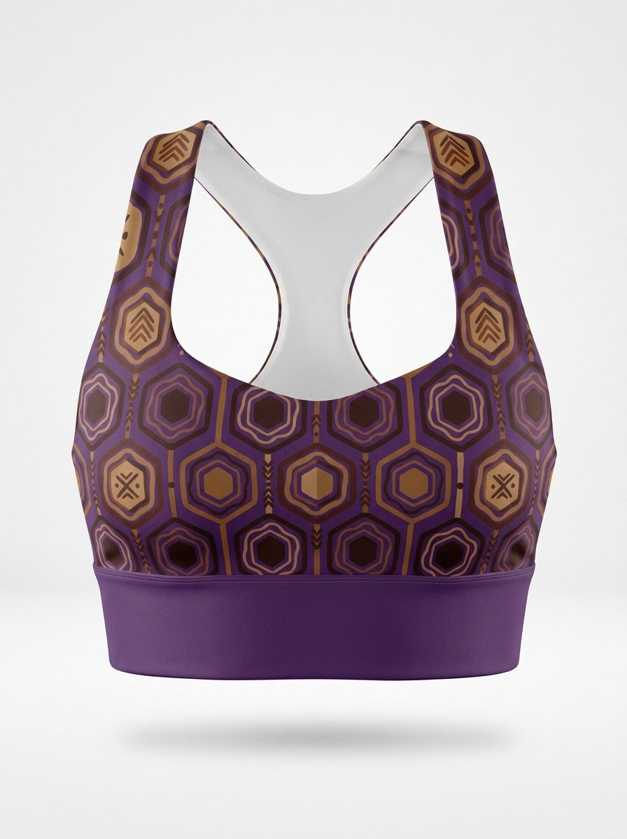 AnanseNova™ Longline Sports Bra in Ugo Purple, ghost mannequin front view — SunBorn
