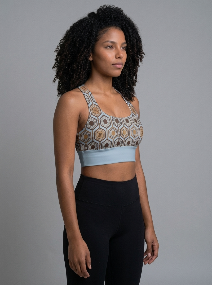 AnanseNova™ Longline Sports Bra in Igwe Blue™, three-quarter angle right — SunBorn