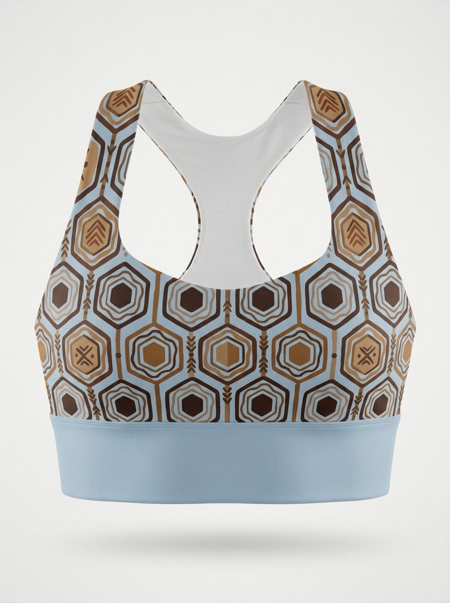 AnanseNova™ Longline Sports Bra in Igwe Blue™, ghost mannequin front view — SunBorn