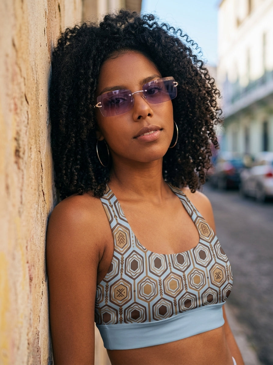 AnanseNova™ Longline Sports Bra in Igwe Blue™, lifestyle candid shot alt — SunBorn