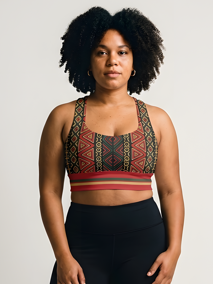 N'Donso™ Longline Sports Bra in Uhie Red, front view — Hunter's Road print in red on a black ground with a solid hem band.